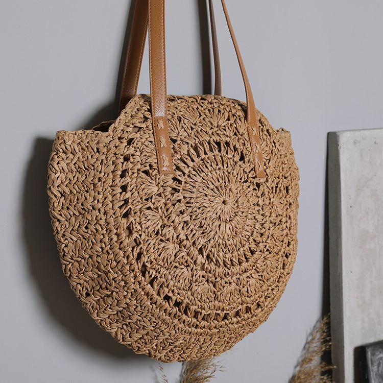 Paziye Summer Round Straw Bags Handmade Woven Beach Handbags