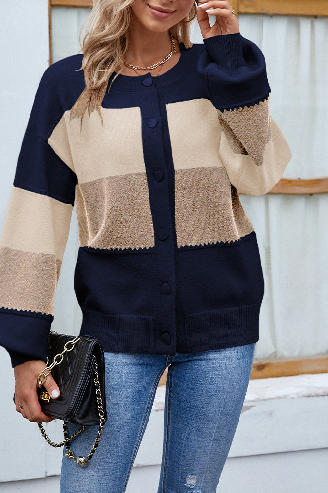 Color Block Open Front Button Sweater Cardigans