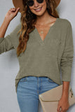 Plain V Neck Waffle Knit Pocketed Long Sleeves Top