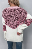 Leopard Splicing V Neck Long Sleeve Knit Sweater