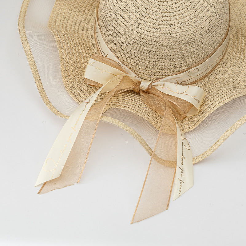 Paziye Straw Hat Bow Lace Beach Hat