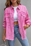 Lapel Ripped Raw Hem Buttons Denim Coat