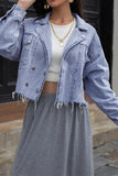 Blue Lapel Collar Raw Hem Button Open Denim Jackets