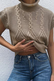 Brown Turtleneck Sleeveless Cable Knit Sweater