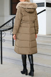 Plain Long Length Down Coat with Belt and Fur Hooded
