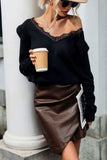 Black V Neck Autumn Outfits Lace Edge Ruffle Sleeves Sweaters