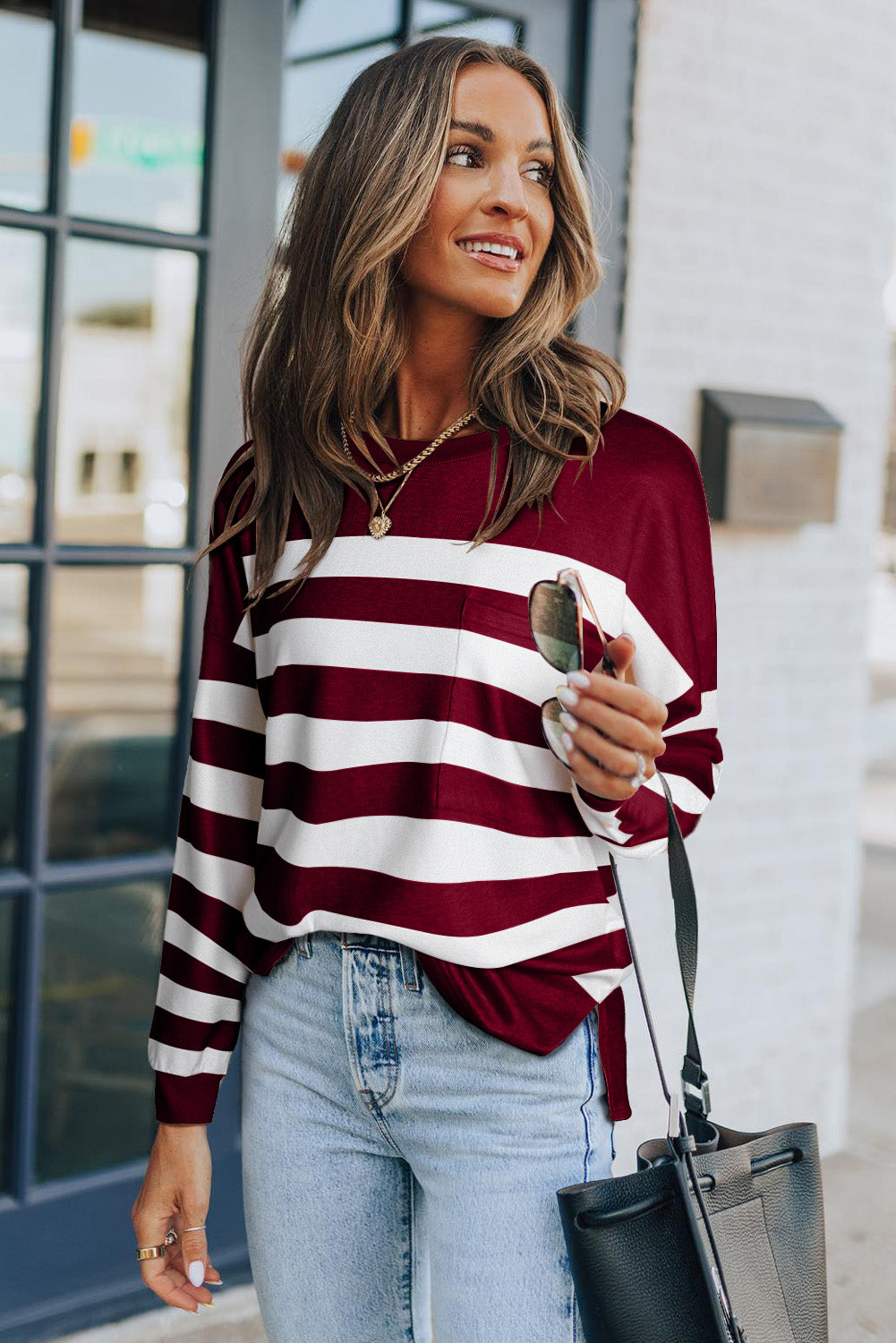 Red Striped Print Pocketed Long Sleeve Top with Slits