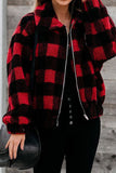 Red Plaid Print Sherpa Jacket Winter Outfits Coat