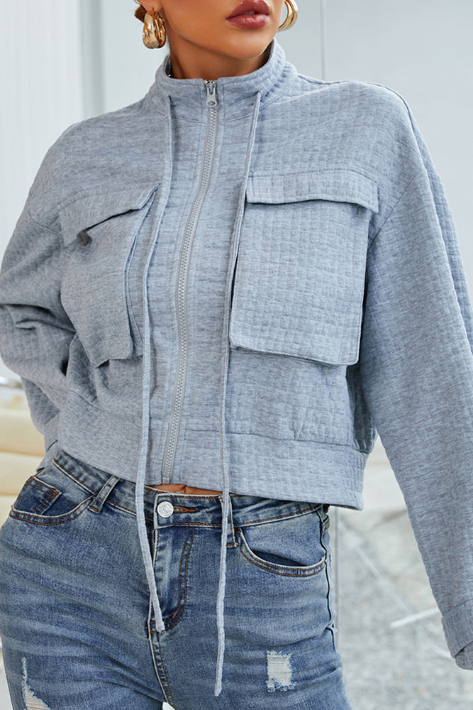 Plain Drawstring Pockets Zipper Short Jacket