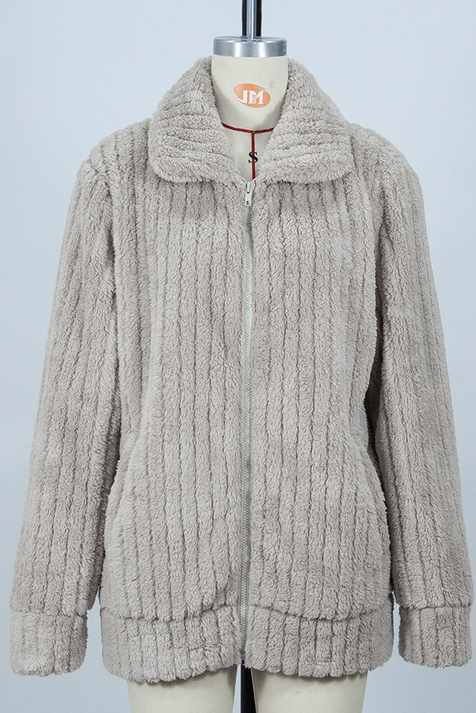 Plain Open Zipper Rib Fleece Winter Outfits Coat