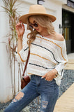 Autumn Outfits White Striped Hollow Out Knit Tops