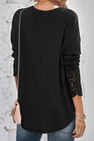 Plain Waffle Knit  Lace Cuff Open Button Long Sleeve Shirts