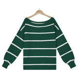 Off Shoulder Pin Striped Loose Pullover Sweaters