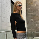 Sexy Backless Long Sleeve Crop Top Women Black Autumn Skinny Cut Out Basic T Shirts Fashion Streetwear Tees