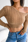 Plain One Shoulder Cable Knit Sweater Crop Top