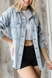 Rhinestone Pearl Open Front Button Pocket Raw Hem Denim Jackets