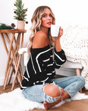Off Shoulder Pin Striped Loose Pullover Sweaters