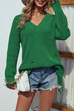 Ripped Raw Edge V Neck Plain Knit Sweaters