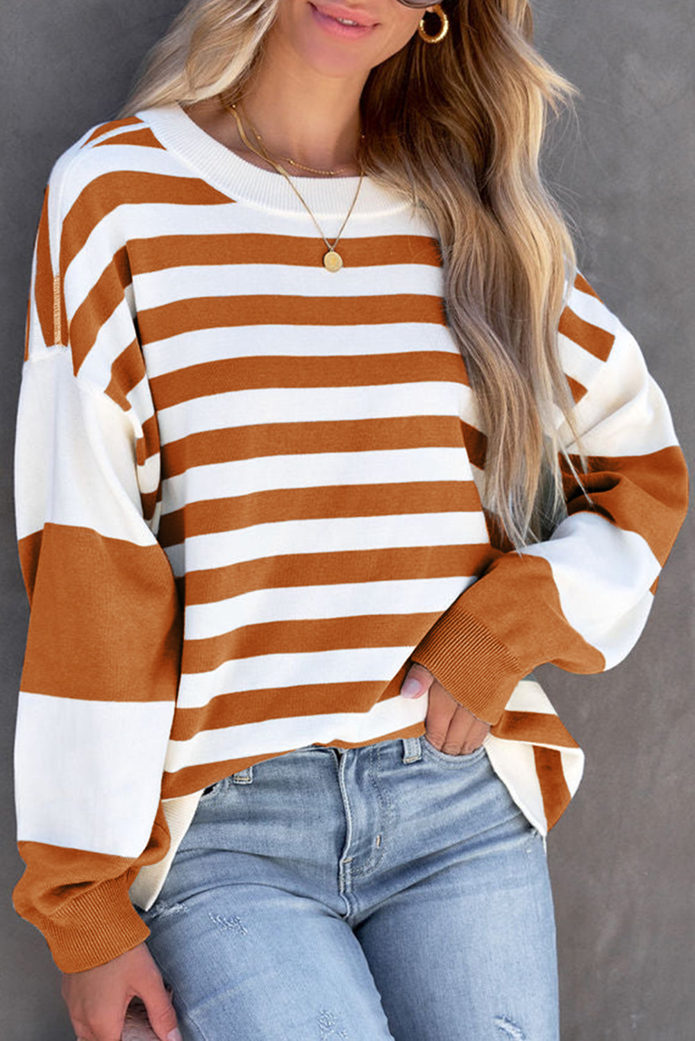 Brown Stripe Drop Shoulder Striped Pullover Sweatshirt