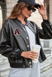 Black PU Letter Patchwork Snap Button Baseball Winter Outfits Jacket