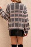 Grey Pink Plaid Hairy Open Knit Cardigans