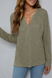 Plain V Neck Waffle Knit Pocketed Long Sleeves Top