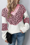 Leopard Splicing V Neck Long Sleeve Knit Sweater