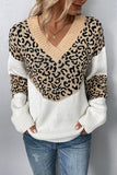 Leopard Splicing V Neck Long Sleeve Knit Sweater