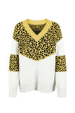 Leopard Splicing V Neck Long Sleeve Knit Sweater