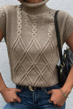 Brown Turtleneck Sleeveless Cable Knit Sweater