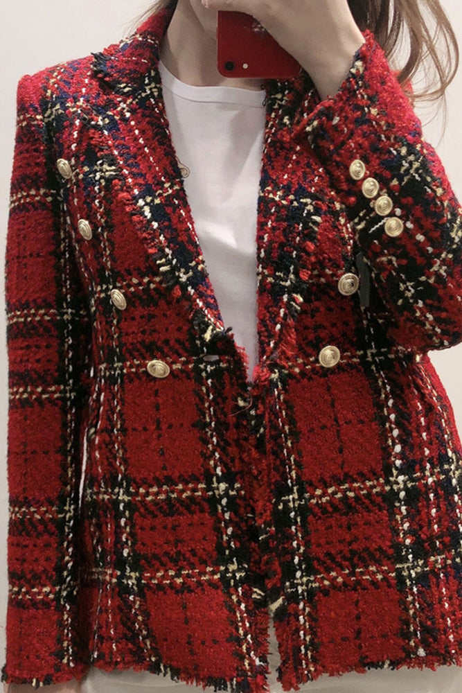 Red Plaid Button Raw Hem Suit Winter Outfits Coat