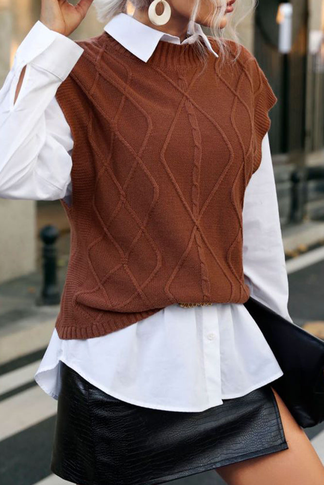 Dark Brown Cable Knit Sleeveless Vest