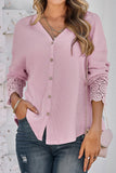 Plain Waffle Knit  Lace Cuff Open Button Long Sleeve Shirts