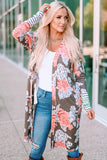 Brown Striped Cuffs Floral Print Long Cardigan
