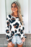 White Leopard Print Long Sleeve Loose Top
