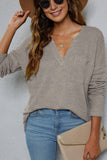 Plain V Neck Waffle Knit Pocketed Long Sleeves Top