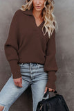 V Neck Turndown Collar Long Sleeve Sweater