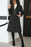 Plain Long Length Down Coat with Belt and Fur Hooded
