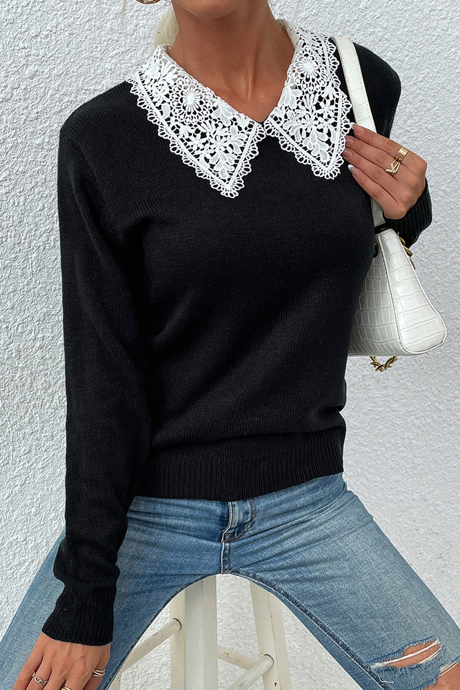 Lapel Collar Crochet Lace Plain Pullover Autumn Outfits Sweaters
