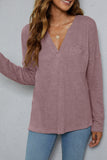 Plain V Neck Waffle Knit Pocketed Long Sleeves Top