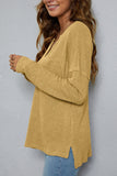 Plain V Neck Waffle Knit Pocketed Long Sleeves Top