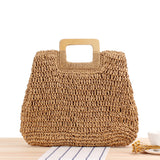 Paziye Large Capacity Straw Beach Tote Wooden Handle Handbag Handmade Woven