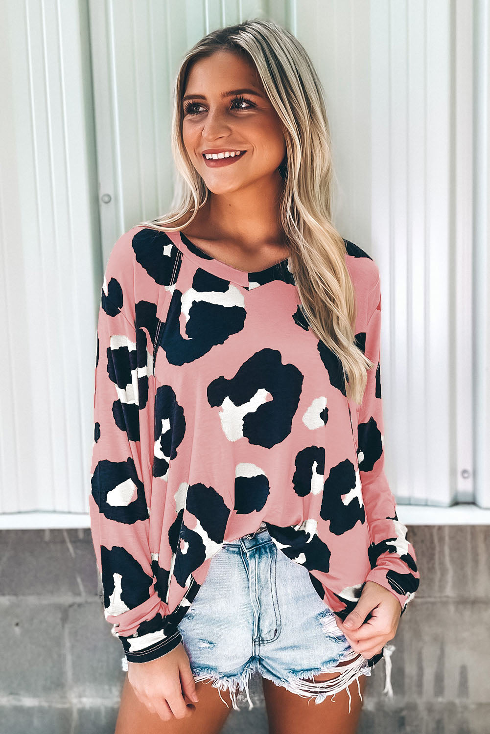 Pink Leopard Print Long Sleeve Loose Top
