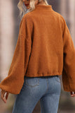 Brown Zipper Up Drawstring Hemline Oversized Fleece Jackets