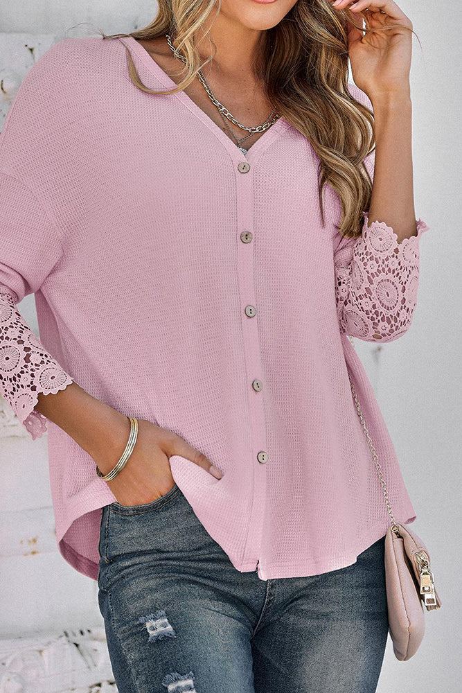 Plain Waffle Knit  Lace Cuff Open Button Long Sleeve Shirts