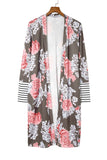 Brown Striped Cuffs Floral Print Long Cardigan