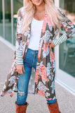 Brown Striped Cuffs Floral Print Long Cardigan