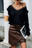 Black V Neck Autumn Outfits Lace Edge Ruffle Sleeves Sweaters