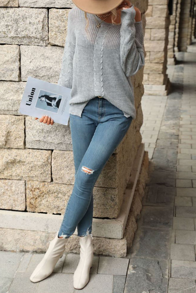 Grey Cable Knit Long Sleeves Sweater