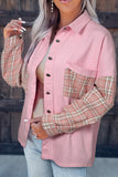 Pink Plaid Patchwork Raw Hem Winter Outfits Shacket